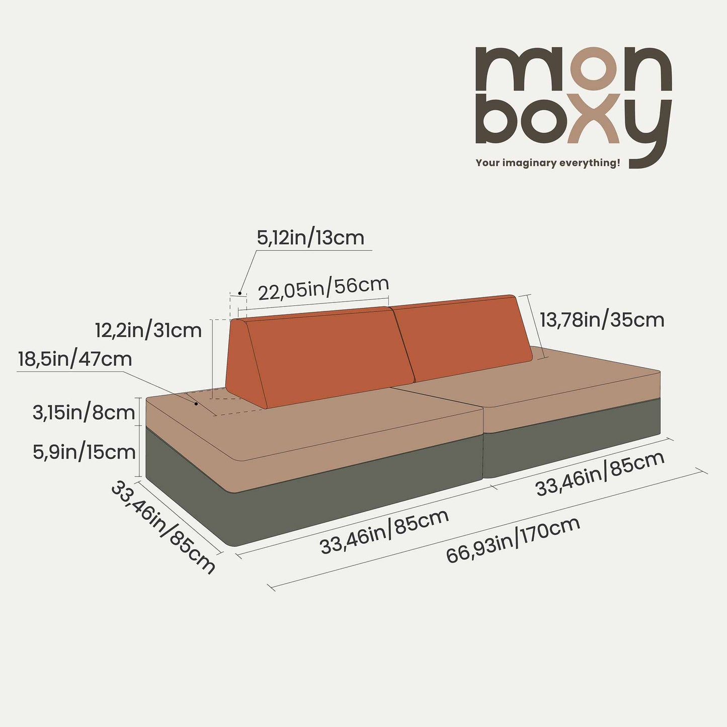 Illustration of a modern brown Monboxy activity mattress set with orange cushions, labeled with various dimensions in inches and centimeters.