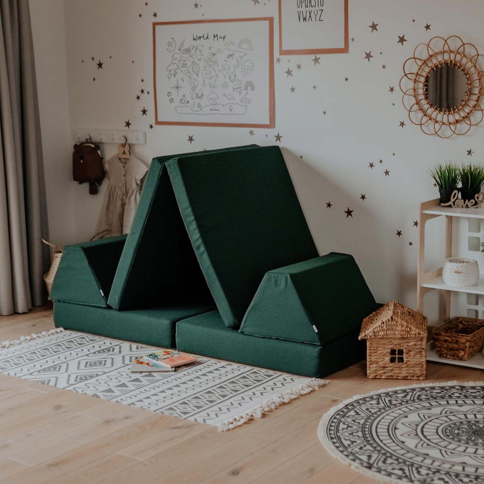 Deep green Monboxy activity couch set shaped like a wigwam 