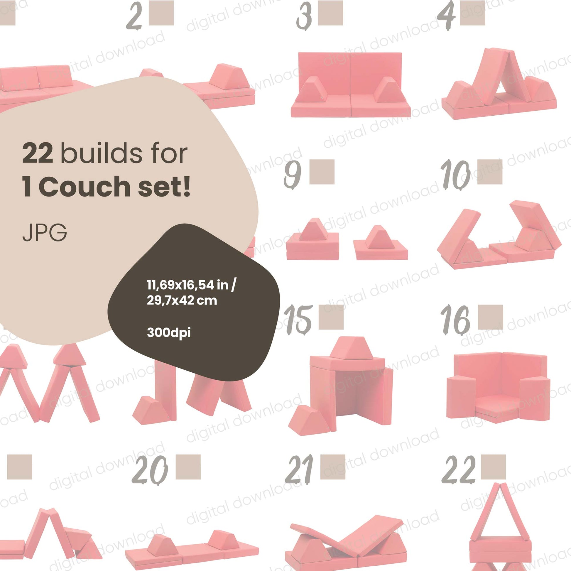 Digita poster for Soft play blocks build ideas. Poster includes 22 builds for 1 couch set