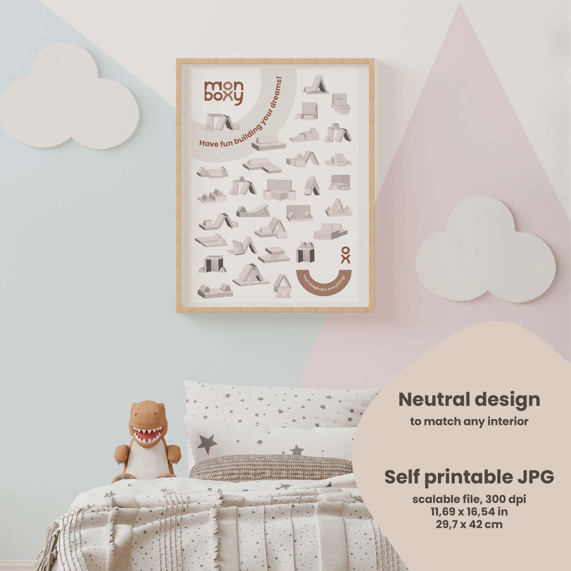 Natural design digital poster of spielsofa build ideas to match any interior. Self printable JPG